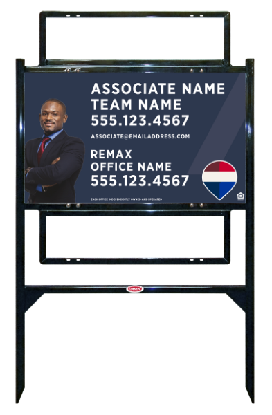 RE/MAX Angle Iron Frame and Associate Name, Team Name w/ Cut Out Photo Sign Unit w/2 Rider Insert, 18"h x 30"w, Steel
